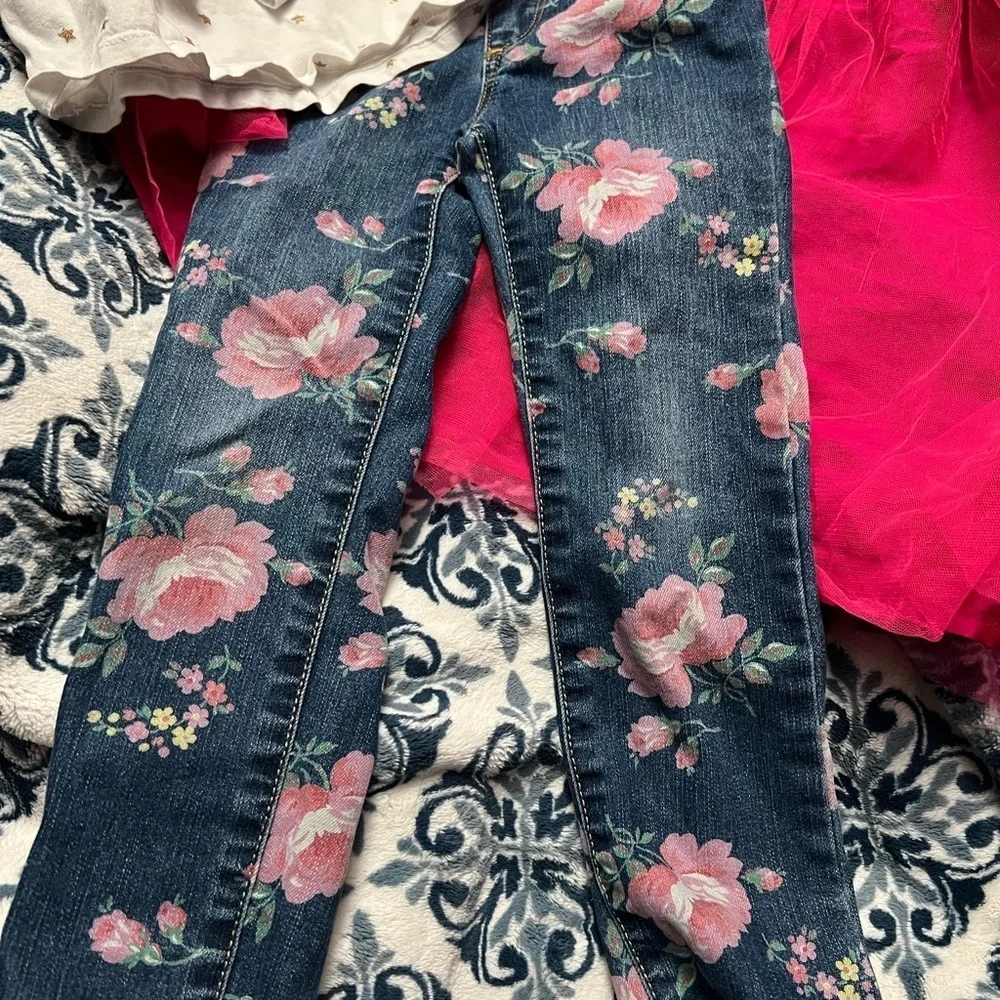 Oshkosh Long Sleeve Shirt Little Girls Sz 5/6 Pink Dress Roses Denim Jean Lot